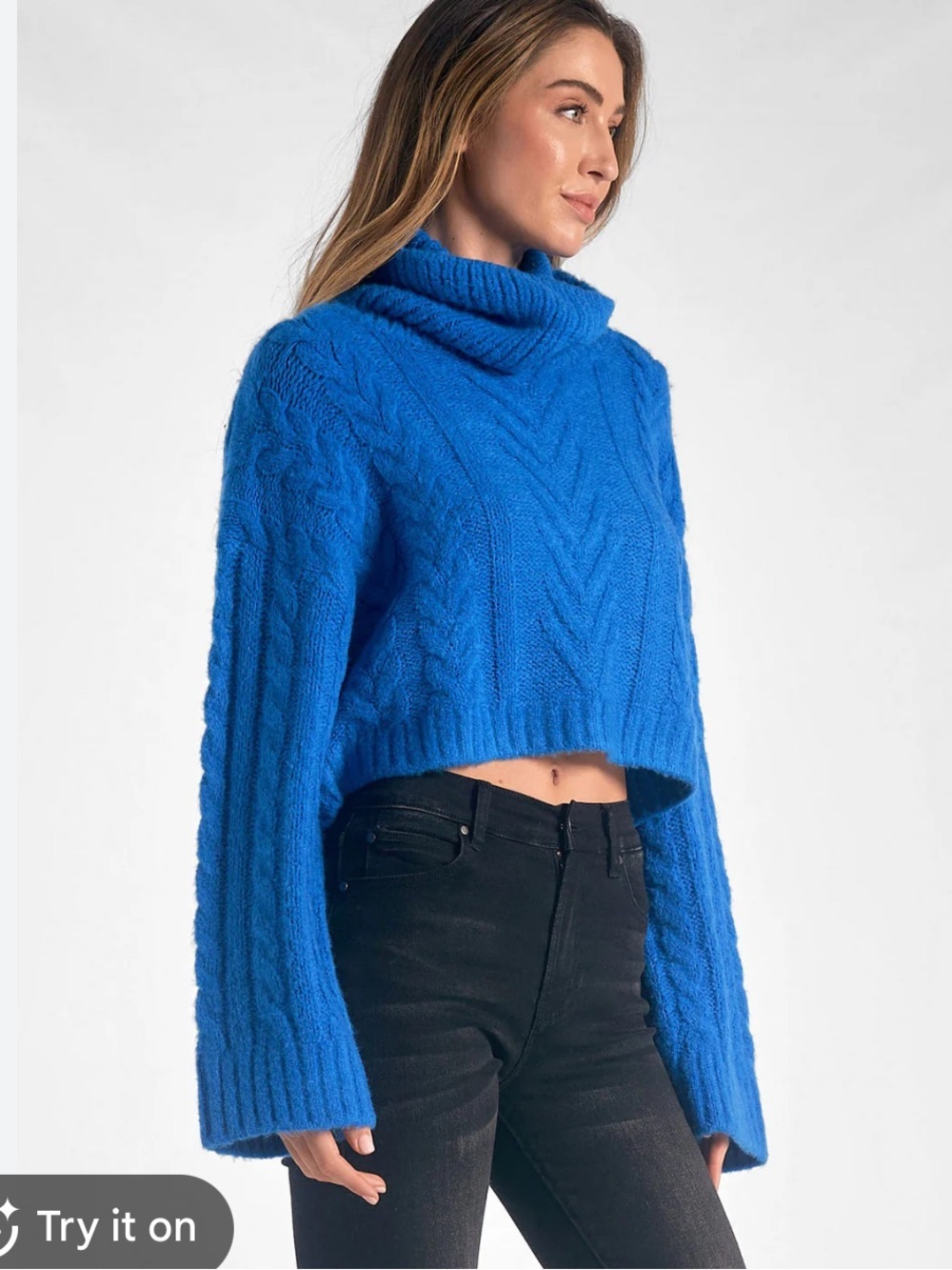 Elan Womens Blue Cable Knit Turtleneck Cropped Sweater Size M